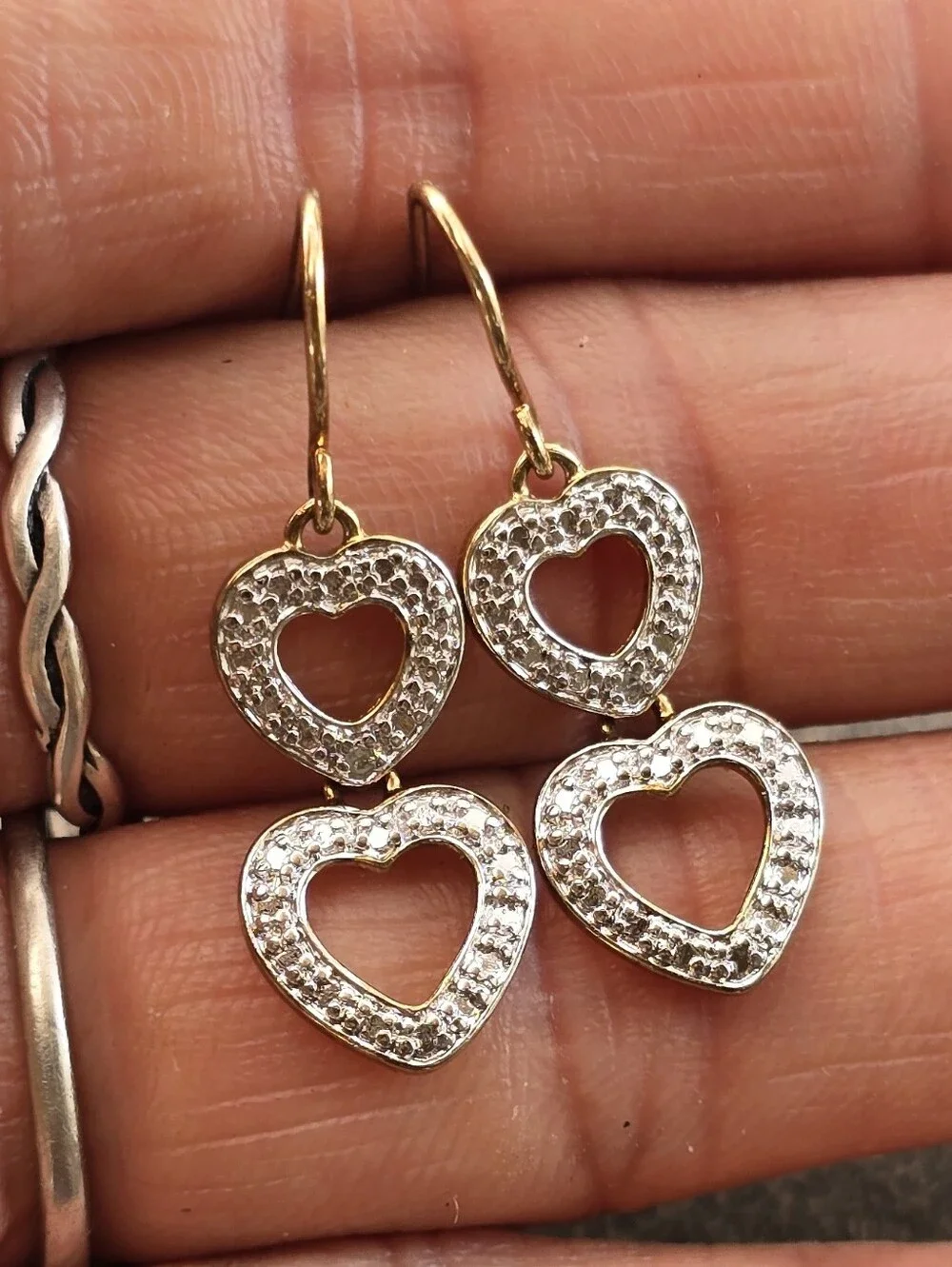 Fancy genuine diamond 925 sterling silver gold vermeil double heart dangle earri